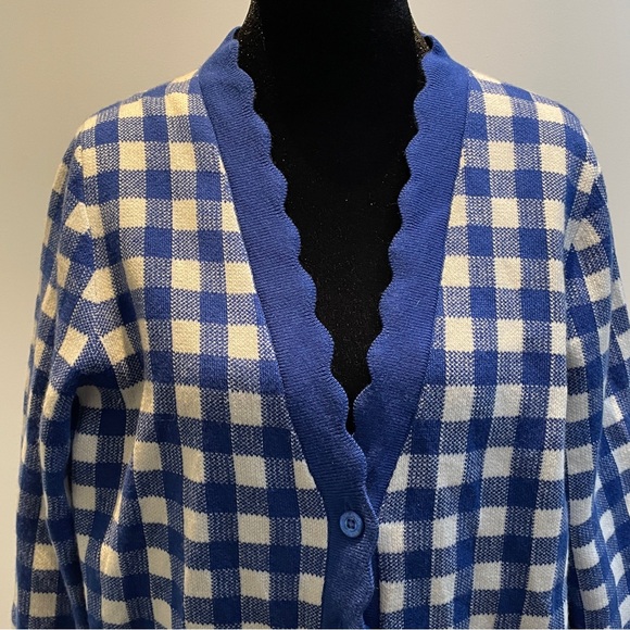 Kate Spade New York Blue Gingham Scalloped Trim Button Cardigan Size M - Picture 2 of 8
